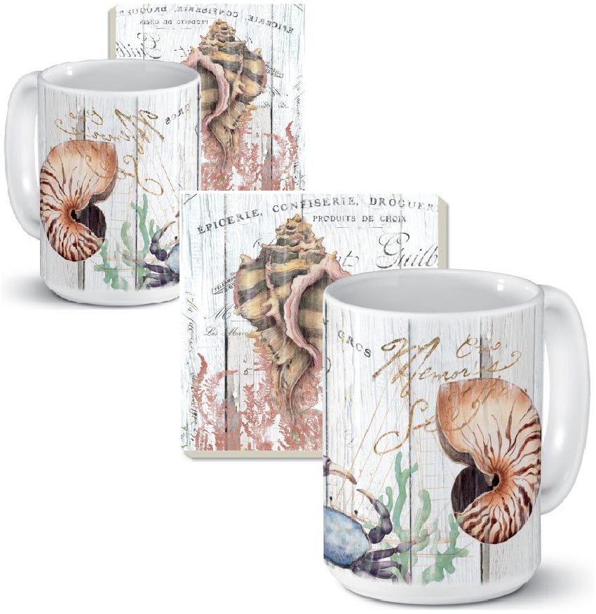 ! 4-pc Coastal Ceramic Mug Set Shoreline Shell ! 4-pc Coastal Ceramic Mug Set Shoreline Shell